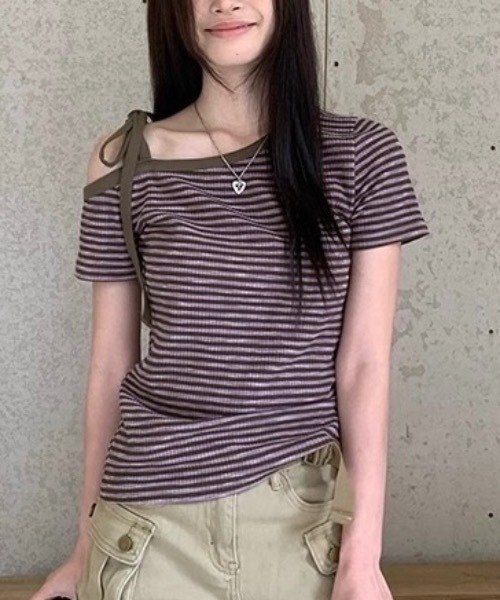 tシャツ ワンショルダーボーダートップス レディース FUNdaysion tシャツ ボーダーワンショルダートップス レディース