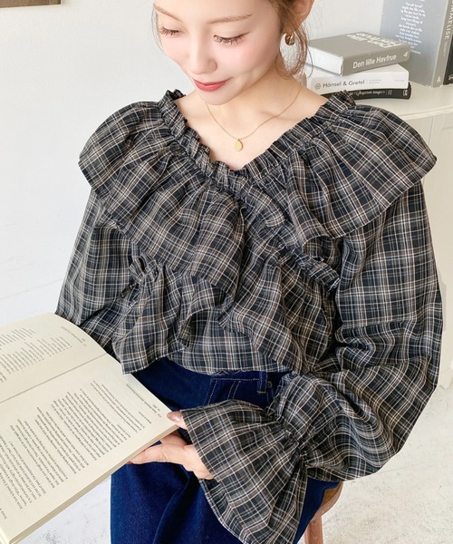 moment+ ブラウス シャツ マルチウェイオフショルクロスフリルチェック moment+ ブラウス シャツ マルチウェイオフショルクロスフリルチェック