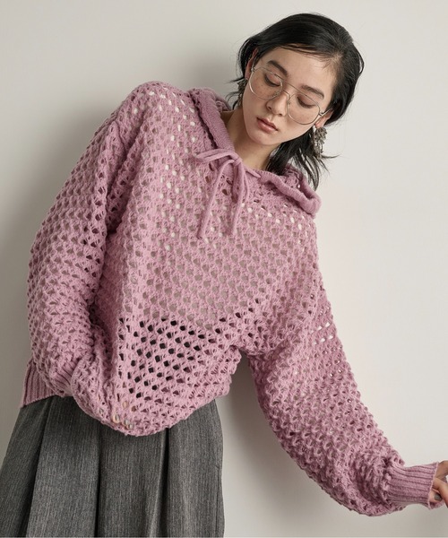 THE Yon ニット セーター 透かし編みニットフーディー レディース