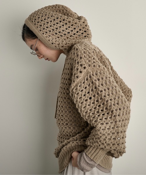 THE Yon ニット セーター 透かし編みニットフーディー レディース