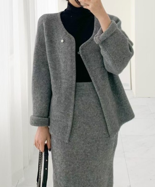 Aelina セットアップ ニットノーカラーカーディガン＋スカート