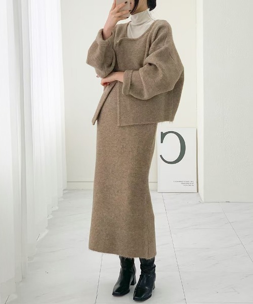 Aelina セットアップ ニットノーカラーカーディガン＋スカート