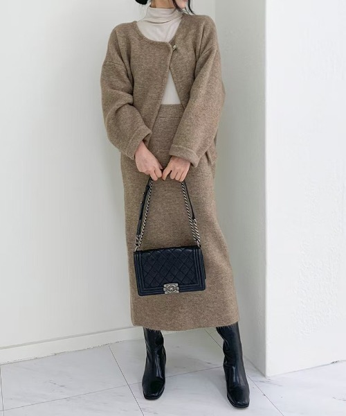 Aelina セットアップ ニットノーカラーカーディガン＋スカート