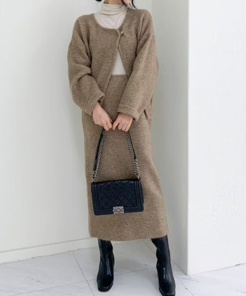 Aelina セットアップ ニットノーカラーカーディガン＋スカート