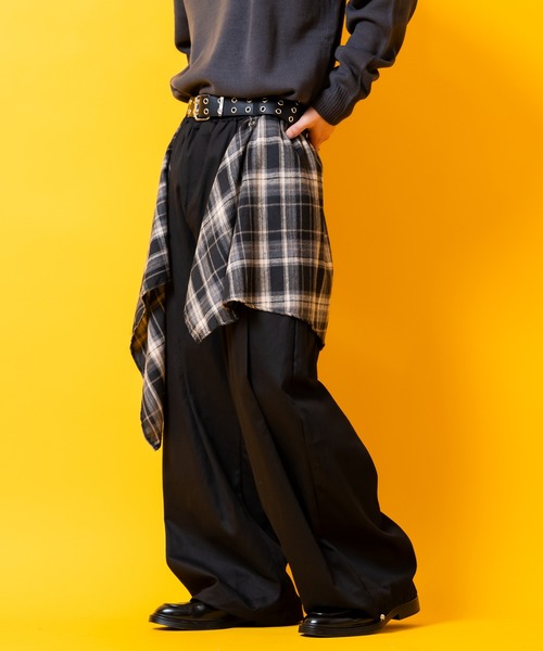 パンツ a.p.o.v. 変形チェック柄シャツスカートレイヤー2タック