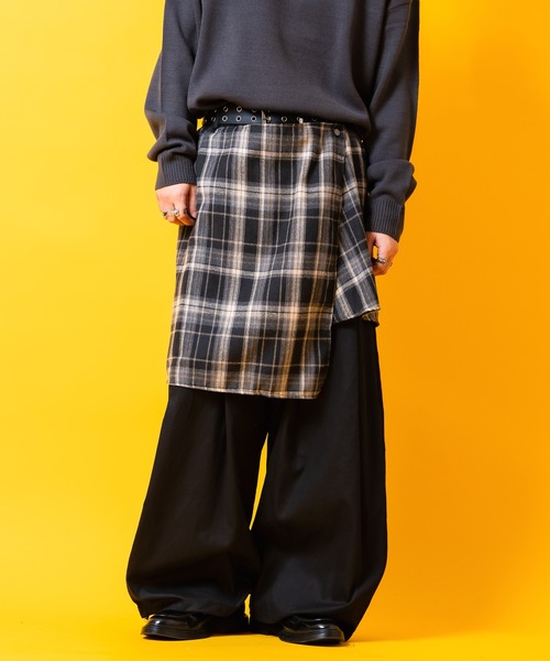 ワイドパンツ パンツ a.p.o.v. 変形チェック柄シャツスカートレイヤー