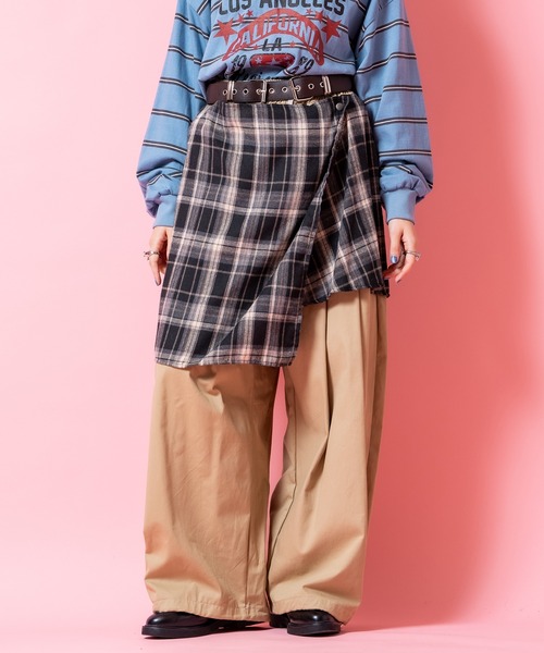 ワイドパンツ パンツ a.p.o.v. 変形チェック柄シャツスカートレイヤー