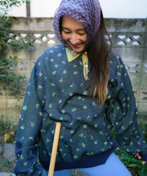 Pamm スキッパーニット　パム　グリーンブルーグレー PAMM（パム） ニット セーター 花や実や葉のシアースキッパーニット