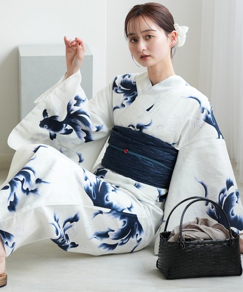 utatane 浴衣 浴衣3点セット 蒼泳（そうえい）の金魚 レディース