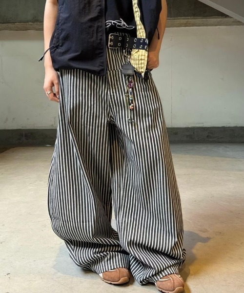 メンズ ストライプ柄 ワイドレッグデニムパンツ