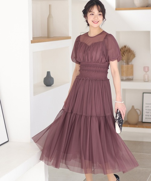 PourVous ドレス 結婚式 パーティードレス パフスリーブミモレ丈