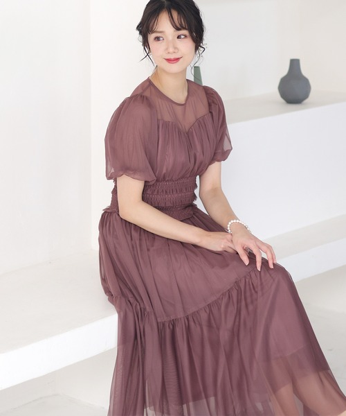 PourVous ドレス 結婚式 パーティードレス パフスリーブミモレ丈