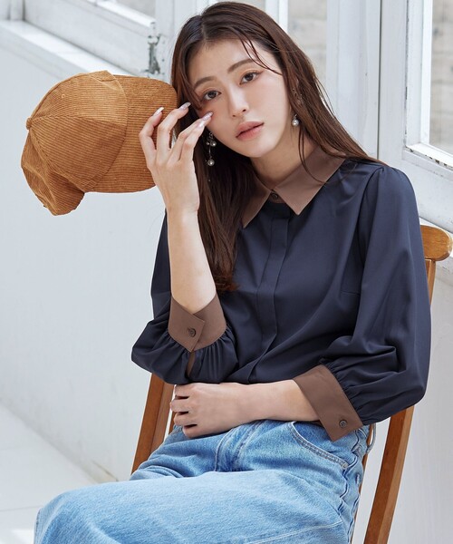 シクラス　パフスリーブブラウス Tiaclasse ブラウス シャツ 「洗える」配色パフスリーブシャツ
