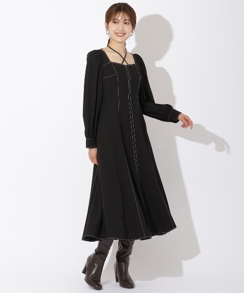 ワンピース ★クロスネック配色ステッチワンピース And