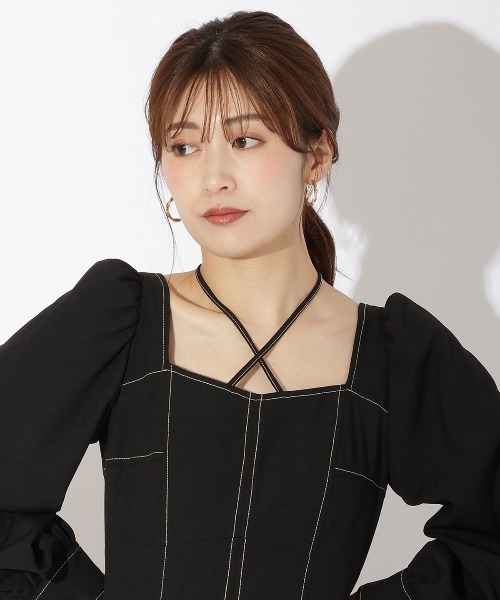 ワンピース ★クロスネック配色ステッチワンピース And