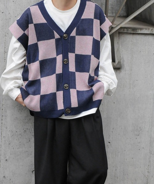 Nilway（ニルウェイ） ベスト ジレ ブロックチェックルーズニット