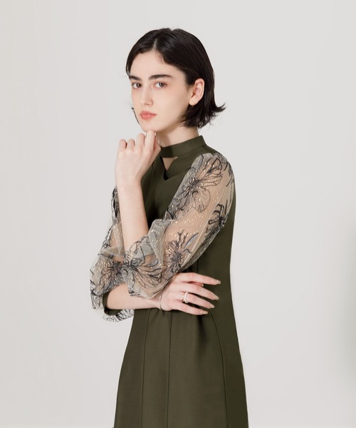 ドレス 「ELCY」花柄刺繍パフスリーブフロントクロススリット付きI  