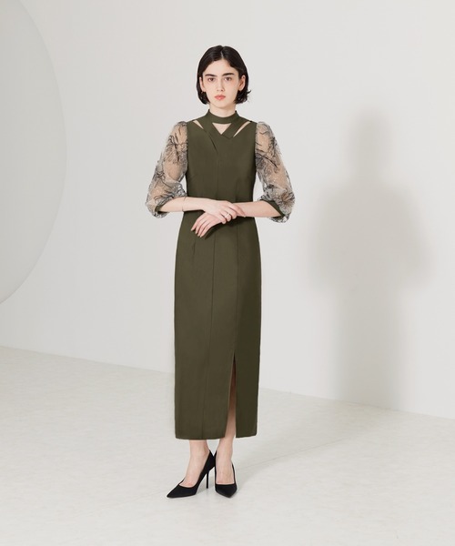 ドレス 「ELCY」花柄刺繍パフスリーブフロントクロススリット付きI  