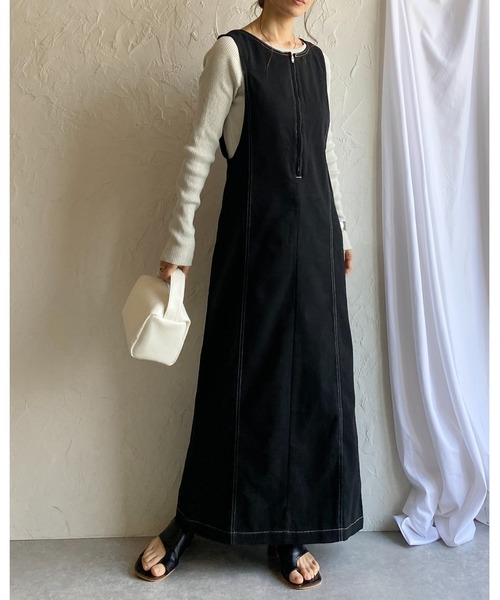 Sahara サハラ 異素材ワンピース ジャンバースカート フロントジップ Sahara サハラ 異素材ワンピース ジャンバースカート フロント