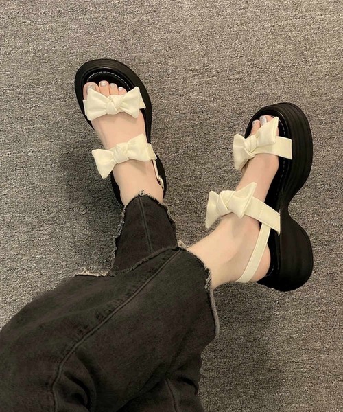 shopnikoniko サンダル ダブルリボン 厚底スポーツサンダル