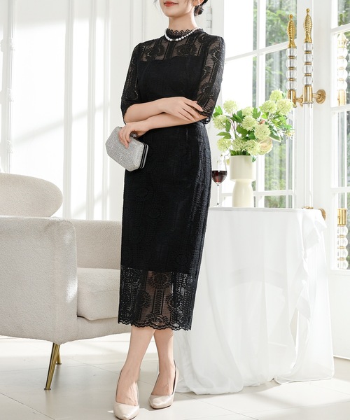 お値下げ　総レースドレスL Lace Ladies（レースレディース） ドレス プチハイネック 総レース I