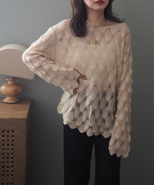ニット セーター feather pattern sheer knit /透かし編み デザイン カシミヤ シアー ニット レディース