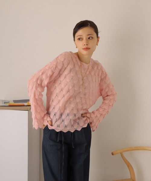 ニット セーター feather pattern sheer knit /透かし編み デザイン カシミヤ シアー ニット レディース ニット セーター feather pattern sheer knit /透かし編み