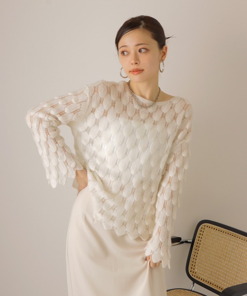 ニット セーター feather pattern sheer knit /透かし編み デザイン カシミヤ シアー ニット レディース ニット セーター feather pattern sheer knit /透かし編み