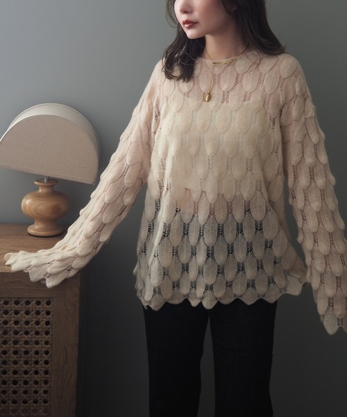 ニット セーター feather pattern sheer knit /透かし編み デザイン カシミヤ シアー ニット レディース ニット セーター feather pattern sheer knit /透かし編み
