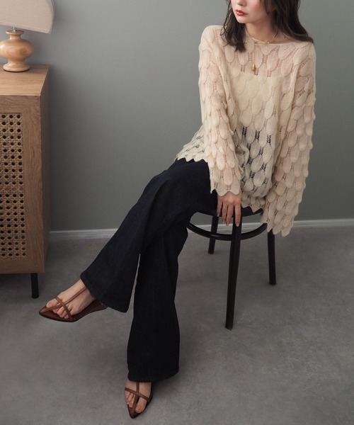 ニット セーター feather pattern sheer knit /透かし編み デザイン カシミヤ シアー ニット レディース ニット セーター feather pattern sheer knit /透かし編み