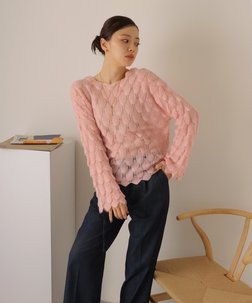 ニット セーター feather pattern sheer knit /透かし編み デザイン
