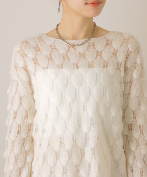 ニット セーター feather pattern sheer knit /透かし編み デザイン カシミヤ シアー ニット レディース ニット セーター feather pattern sheer knit /透かし編み