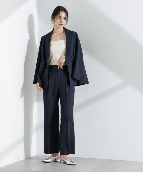 極美品 ナノユニバース M ノーカラー パンツスーツ セットアップ 洗える 紺 NANO universe（ナノ・ユニバース） スラックス パンツ ライト