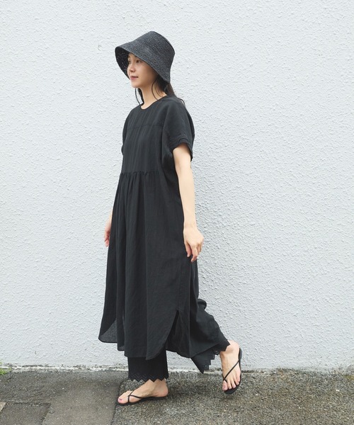 ワンピース　yuni △コットンキャッチワッシャー バンドカラーワンピース