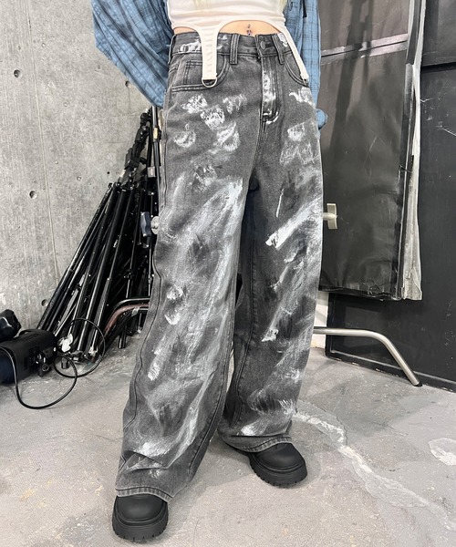 ワイドパンツ ジーンズ デニム デニムパンツ ペイントグレーデニム