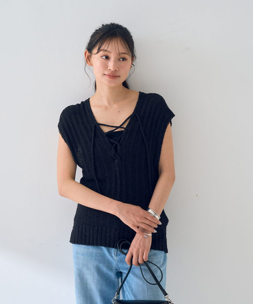 Rouge vif ベスト ジレ 麻混ニットレースアップベスト