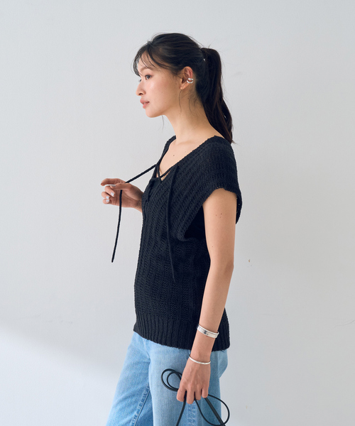 Rouge vif ベスト ジレ 麻混ニットレースアップベスト