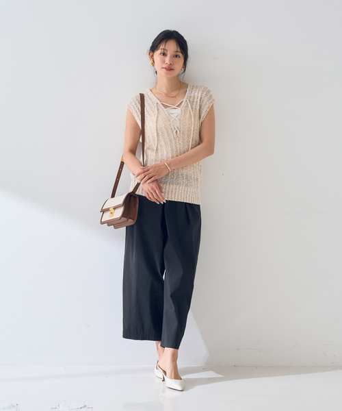 Rouge vif ベスト ジレ 麻混ニットレースアップベスト レディース  