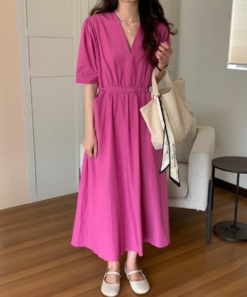 ワンピース パフスリーブ ウエスト切り替え お洒落 韓国 L2024 Lace Ladies ワンピース 2WAY Vネック レース パフスリーブ オフ