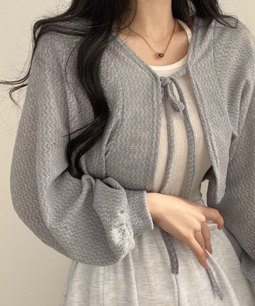 PLEATS PLEASE シア カーディガン ショート ボレロ 七分袖 グレー カーディガン uvカット 夏 フロントリボンショートボレロカーディガン
