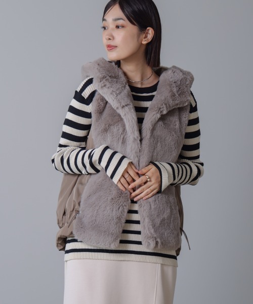 kiki 新品タグ付異素材ＭＩＸダウンファーベスト定価19800グレージュ Bou Jeloud（ブージュルード） ベスト ジレ 異素材MIXダウンファー