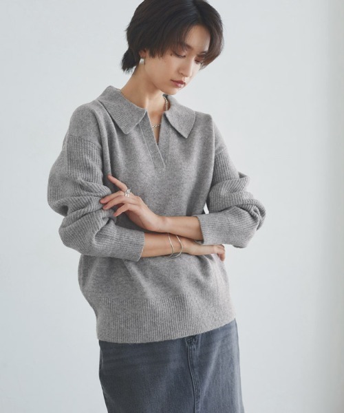 美品 ボールジィ 日本製 ウール スキッパー ラグラン ポロニット シルバー ラス RASW ウールミックススキッパーポロニット （杢グレー
