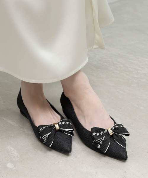 RANDA（ランダ） パンプス 3E幅広 2WAY リボンキャンバスフラット