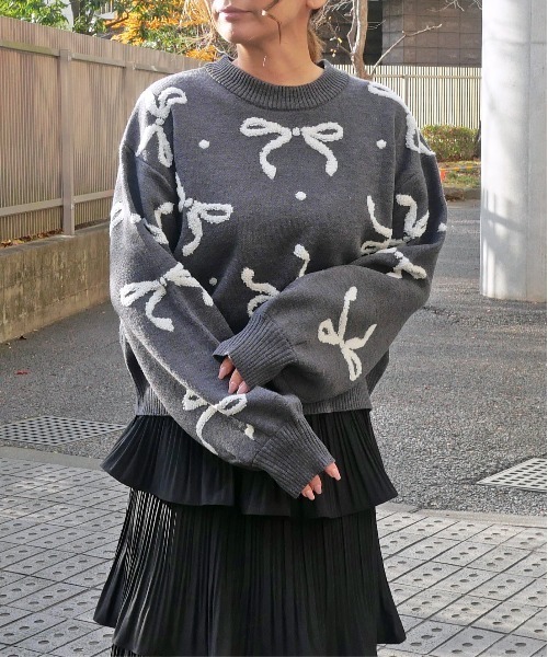 FUN ニット セーター リボンパイルジャガードニット レディース