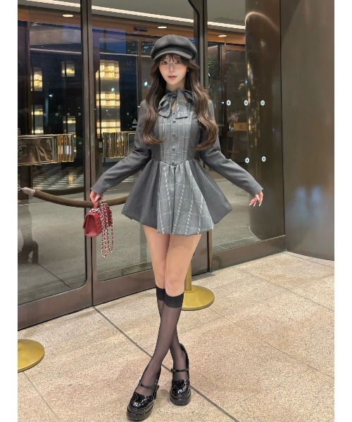 darich ダーリッチ チェックストライプバルーンミニワンピース GRY Darich（ダーリッチ） ワンピース チェックストライプバルーンミニ
