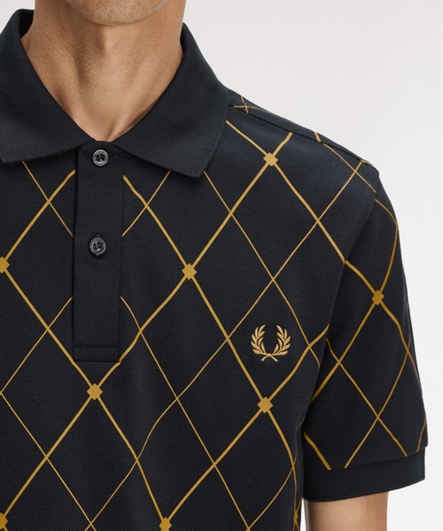 FRED PERRY ポロシャツ チェック柄 ブラック ゴールド　Ｌサイズ FRED PERRY（フレッドペリー） ポロシャツ 半袖 Argyle Print Fred