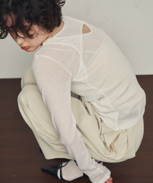 ゆ*ん様 シチリアの追憶 レイヤード風トップス（白）＆ジップレザーパンツ　2点セ Trish（トリッシュ） tシャツ シアーテレコレイヤード風2WAYプル