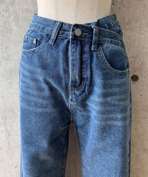 ミリ❤︎ カフネ　ダメージ加工　ブルーデニム MUHET（ミュエータ） ジーンズ デニム デニムパンツ belted curve