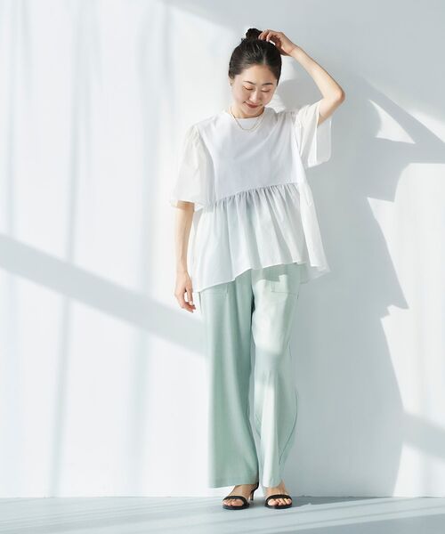 tシャツ 布帛ドッキンク７分袖プルオーバー レディース le.coeur blanc tシャツ 布帛ドッキングプルオーバー レディース