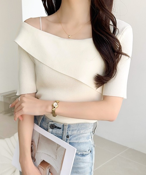 tシャツ 「mily bilet」この夏華やかさと個性をプラス。アシンメトリーオフショル2WAY半袖サマーリブニット レディース | mily bilet